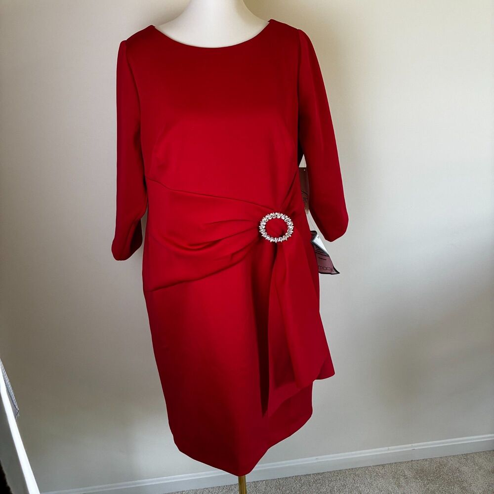 Eliza J Embellished Side Buckle Scuba Crepe Sheath Dress in Red Size 14